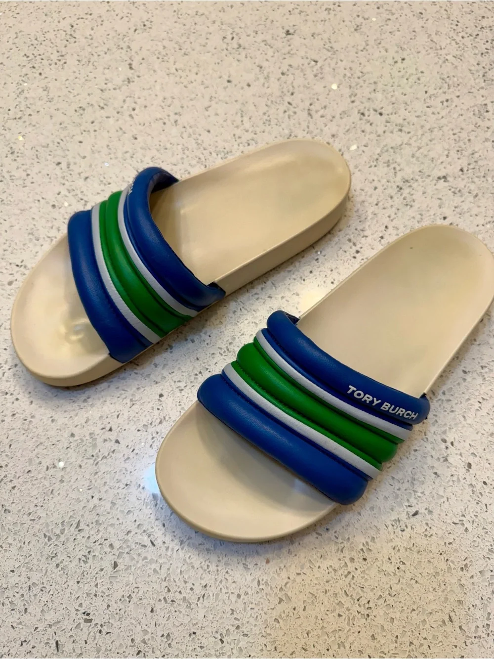 Tory Burch Blue, Green & White Padded Slide Sandals